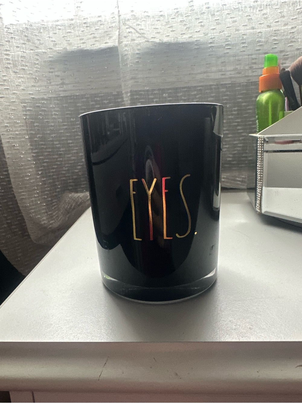 Rae Dunn Black Glass 'EYES' Accent Candle Holder with Gold Lettering
